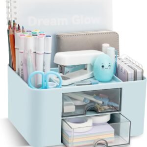 CasaBloom Modern Desk Storage Organizer Box with 2 Drawers –Stackable Desk Organizer with Pen Holder and 5 Compartments – Perfect for Office, Home, School, Art Supplies, Crafts, and Stationery(Blue)
