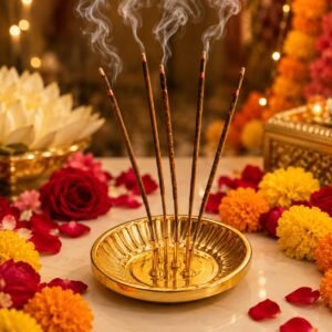 CasaBloom Handcrafted Brass Incense Holder – 5 Stick Burner | Vintage Meditation Decor | Brass Agarbatti Stand for Yoga, Home & Spiritual Use (Antique Gold)