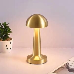 Golden Mushroom Designer Table Lamp with 3 Color Modes Warm Cool Natural Light, Stepless Dimming, 1200mAh Rechargeable Battery, Cordless Portable Light for Bedroom Bedside Desk Home Decor Use