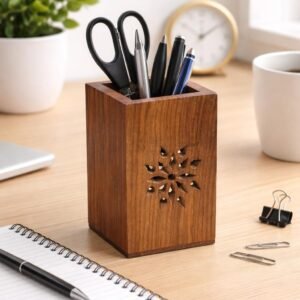 CasaBloom Minimal Ceramic Desk Pen Cup with Wooden Base