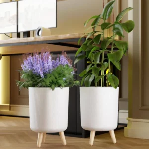 CasaBloom Modern Ribbed Indoor Planter with Wooden Stand