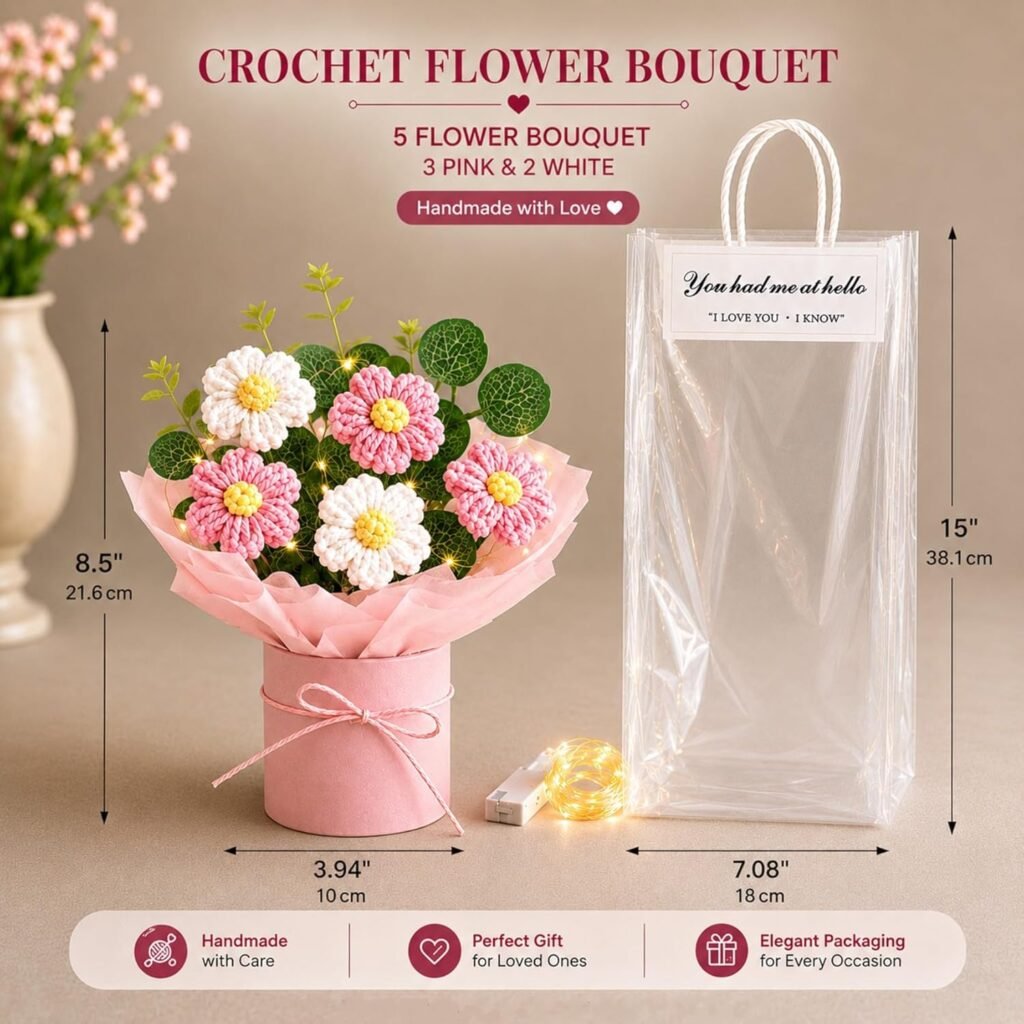 PulGos 1 Pcs Artificial Crochet Flower Bouquet with LED Light | Handmade Yarn Knitted Floral Bunch, Raksha Bandhan Gift for Sister, Girls & Women | Cute Woolen Flowers for Home & Office Décor (Pink)