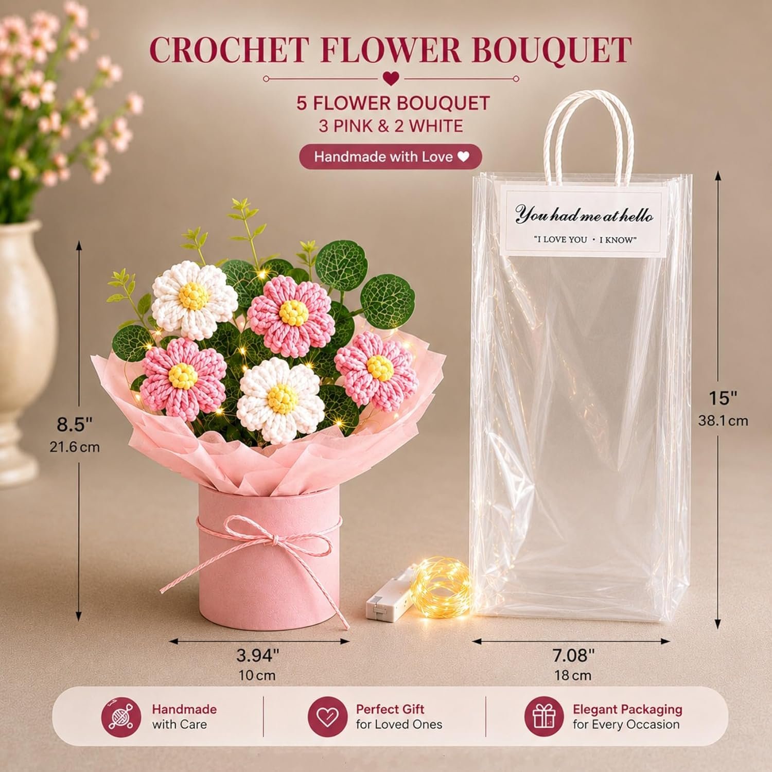 PulGos 1 Pcs Artificial Crochet Flower Bouquet with LED Light | Handmade Yarn Knitted Floral Bunch, Raksha Bandhan Gift for Sister, Girls & Women | Cute Woolen Flowers for Home & Office Décor (Pink) - Image 2