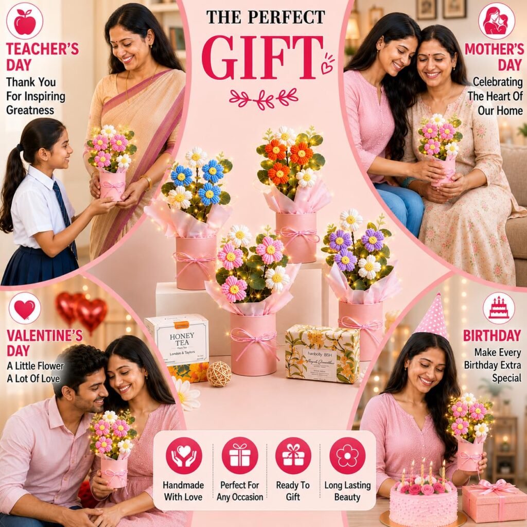 PulGos 1 Pcs Artificial Crochet Flower Bouquet with LED Light | Handmade Yarn Knitted Floral Bunch, Raksha Bandhan Gift for Sister, Girls & Women | Cute Woolen Flowers for Home & Office Décor (Pink)