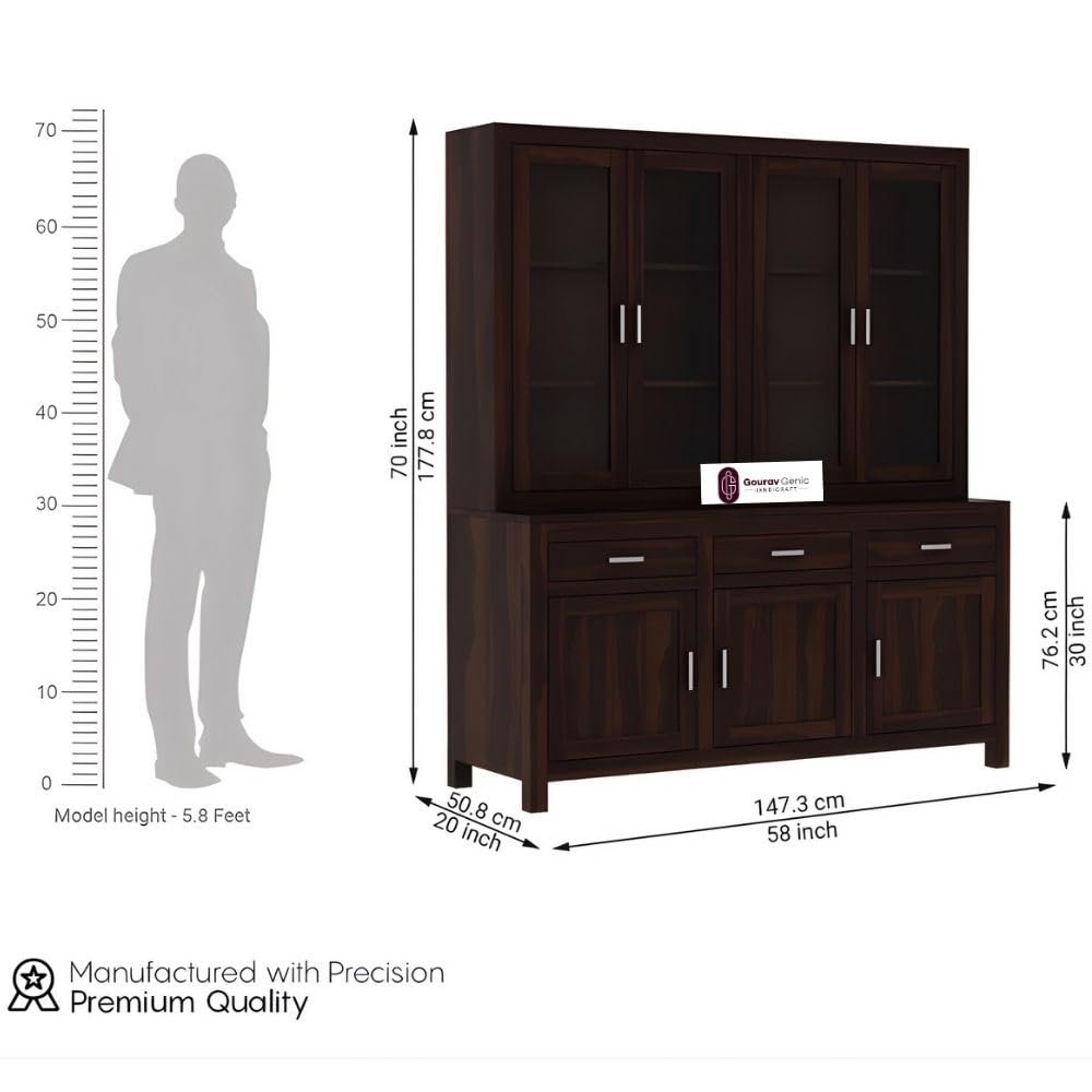 Solid Sheesham Wood Crockery Unit with Acrylic Glass Doors Cabinet Wooden Storage Sideboard Buffet Organizer for Kitchen Living Room Premium Dark Brown Finish Furniture