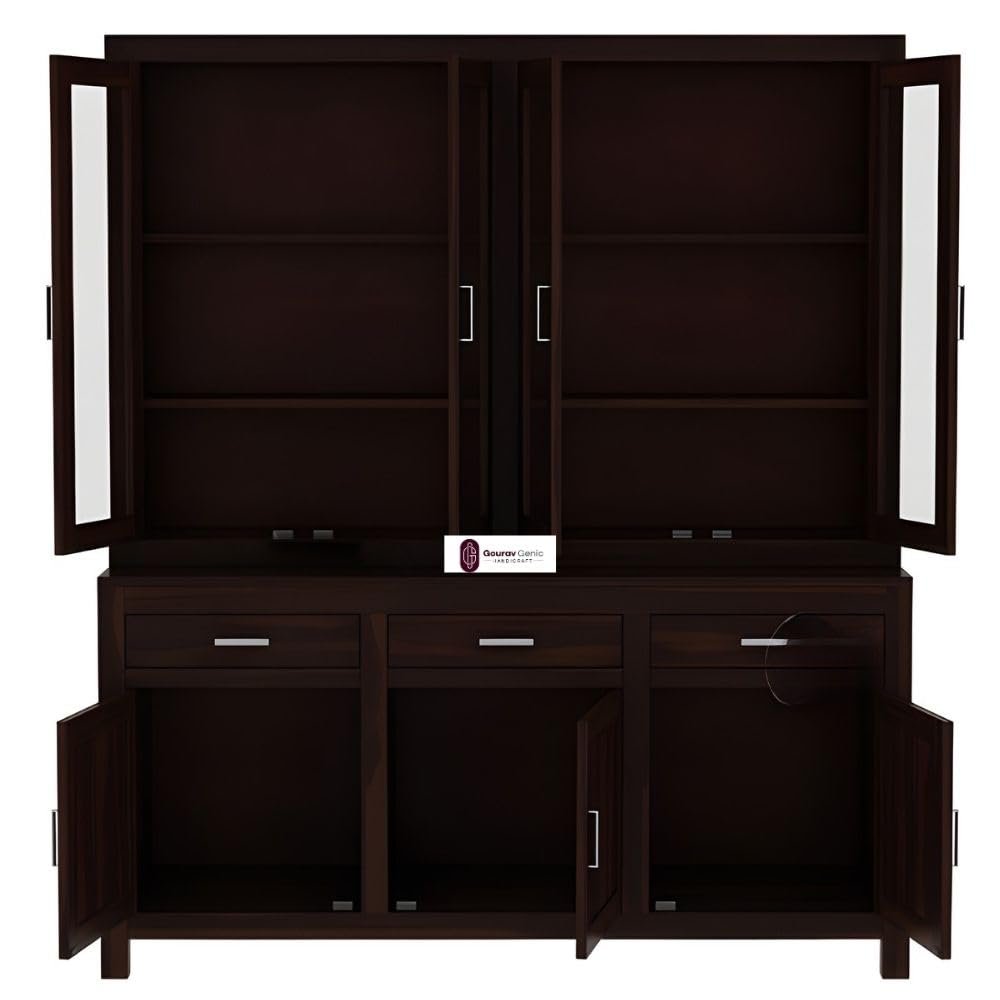 Solid Sheesham Wood Crockery Unit with Acrylic Glass Doors Cabinet Wooden Storage Sideboard Buffet Organizer for Kitchen Living Room Premium Dark Brown Finish Furniture