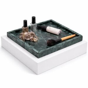 Marble Finish Vanity Tray – Elegant Decorative Organizer for Makeup, Jewelry, Perfume & Skincare – Rectangular Bathroom Countertop & Dresser Tray for Women (Green, 8 X 8 Inches)