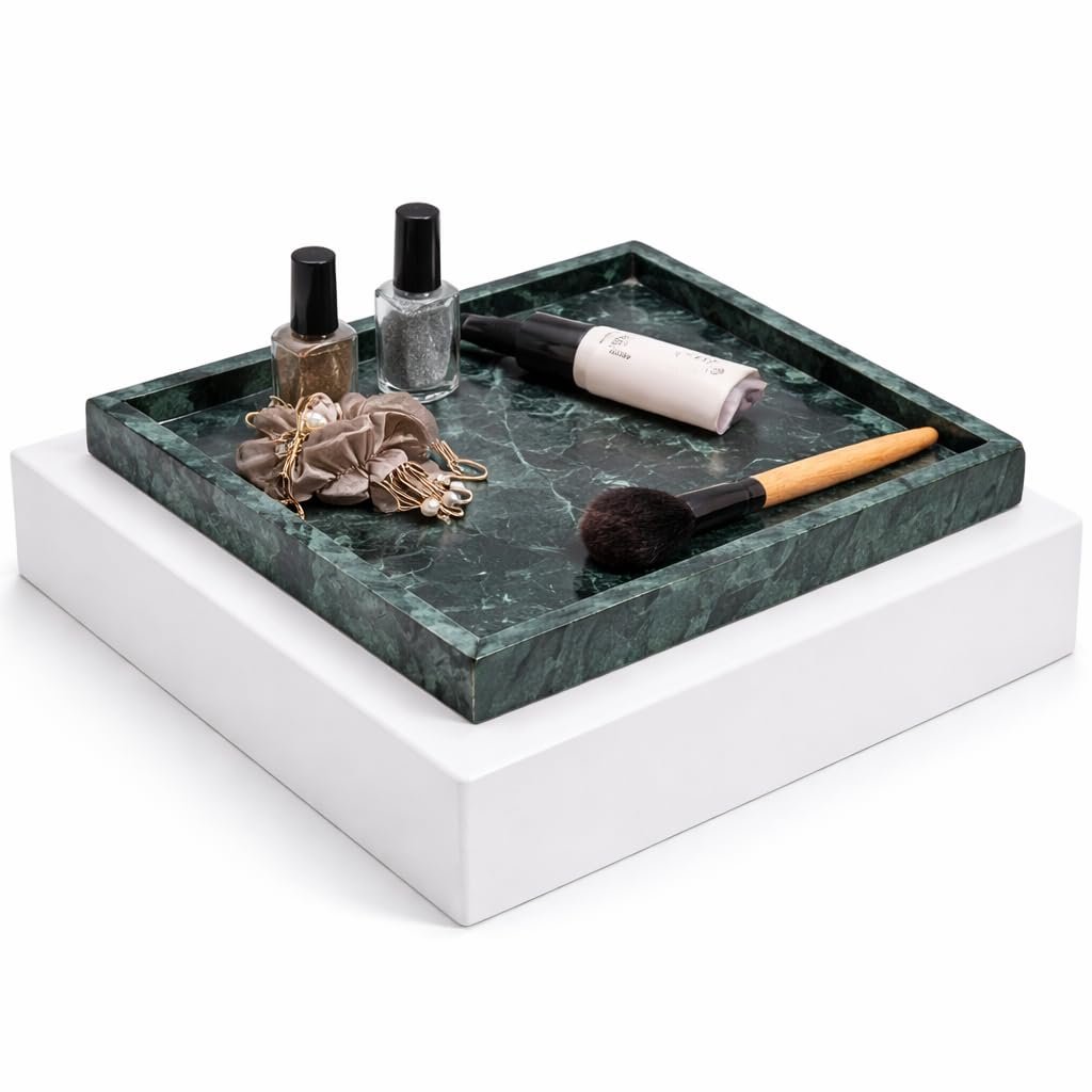Marble Finish Vanity Tray – Elegant Decorative Organizer for Makeup, Jewelry, Perfume & Skincare – Rectangular Bathroom Countertop & Dresser Tray for Women (Green, 8 X 8 Inches)
