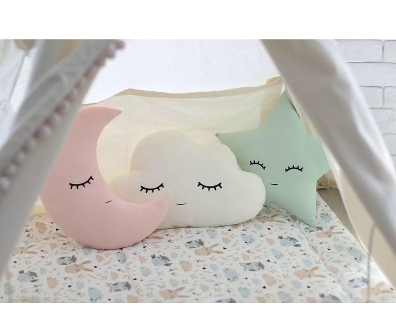 CHIRKUT Decorative Moon Cloud Star Throw Pillows, Nursery Room Cushions, Pink Mint White, 3-Piece Set,Polyester,Cotton (Pack of 3) 30CM