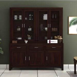 Solid Sheesham Wood Crockery Unit with Acrylic Glass Doors Cabinet Wooden Storage Sideboard Buffet Organizer for Kitchen Living Room Premium Dark Brown Finish Furniture - Image 3