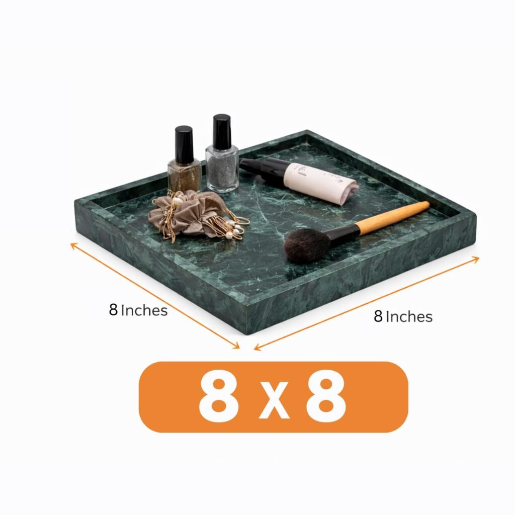 Marble Finish Vanity Tray – Elegant Decorative Organizer for Makeup, Jewelry, Perfume & Skincare – Rectangular Bathroom Countertop & Dresser Tray for Women (Green, 8 X 8 Inches)