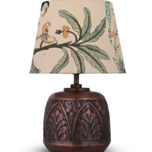 Green Girgit Vintage Copper Leaf Etched Pot Table Lamp with Printed Green Shade, Wooden Base, Bedside Night Lamp, Modern Living Room Light, Ambient Lighting, E27 Bulb Compatible, Corded Electric - Image 3