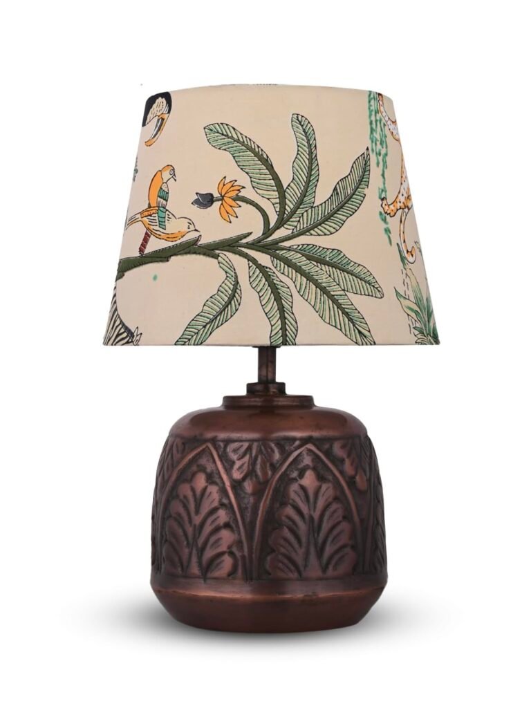 Green Girgit Vintage Copper Leaf Etched Pot Table Lamp with Printed Green Shade, Wooden Base, Bedside Night Lamp, Modern Living Room Light, Ambient Lighting, E27 Bulb Compatible, Corded Electric
