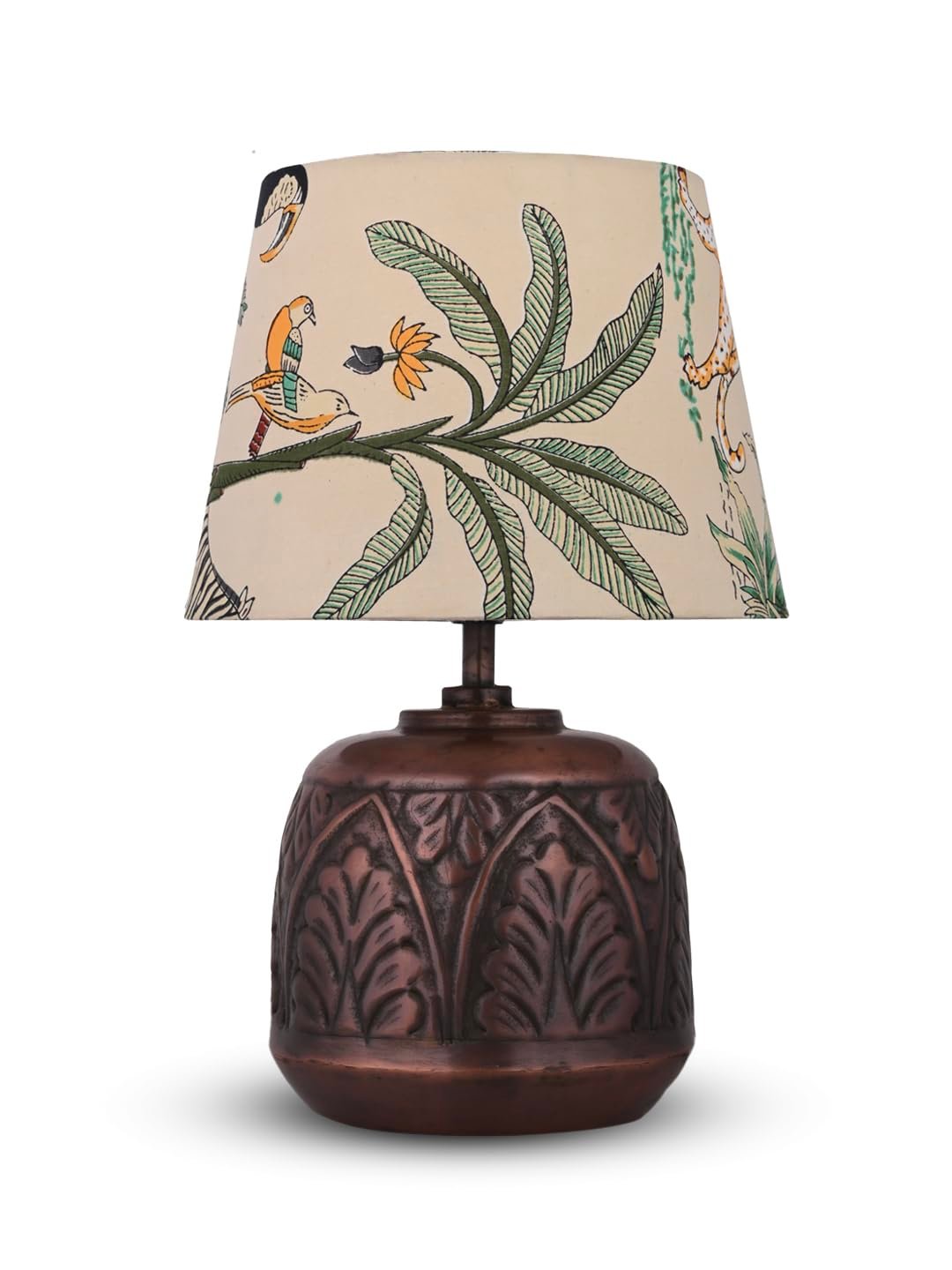 Green Girgit Vintage Copper Leaf Etched Pot Table Lamp with Printed Green Shade, Wooden Base, Bedside Night Lamp, Modern Living Room Light, Ambient Lighting, E27 Bulb Compatible, Corded Electric - Image 3