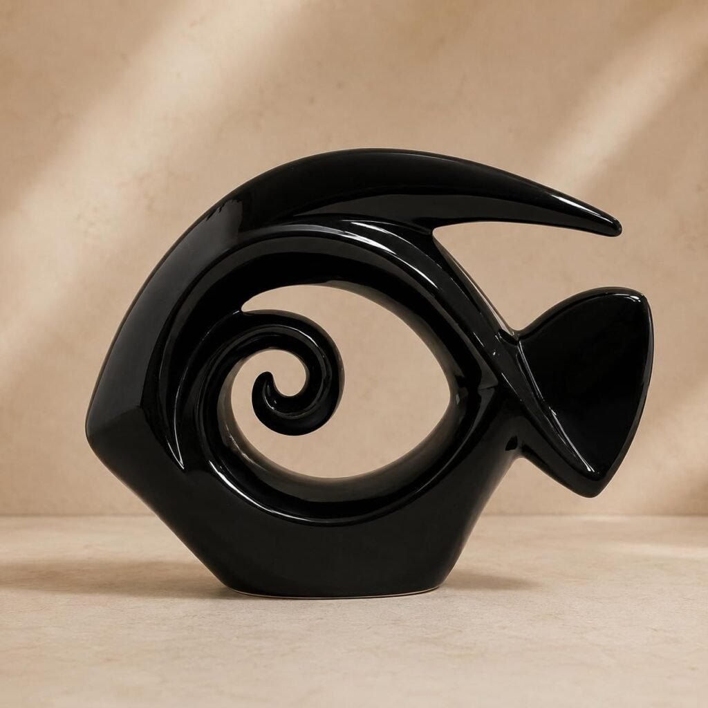 PUBCOM Ceramic Abstract Fish Showpiece, Modern Art Spiral Fish Sculpture, Glossy Black Decorative Figurine for Home Decor, Living Room Shelf, Office Table, Café & Contemporary Interior Accent