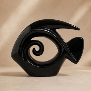 PUBCOM Ceramic Abstract Fish Showpiece, Modern Art Spiral Fish Sculpture, Glossy Black Decorative Figurine for Home Decor, Living Room Shelf, Office Table, Café & Contemporary Interior Accent