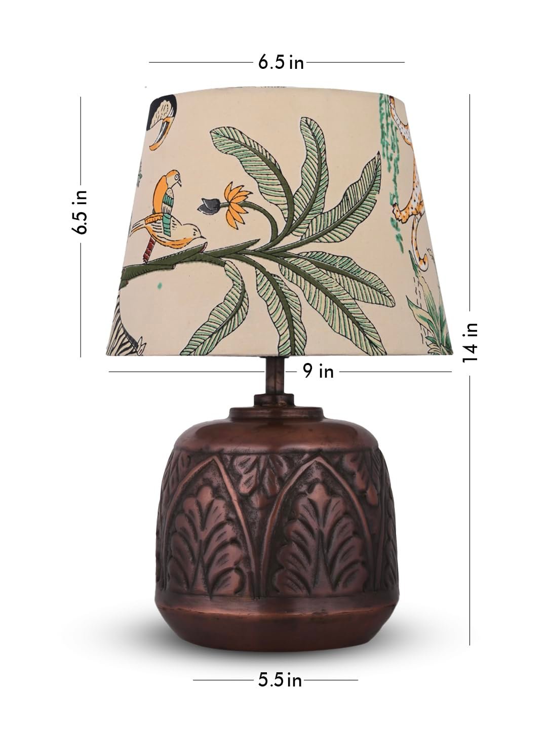 Green Girgit Vintage Copper Leaf Etched Pot Table Lamp with Printed Green Shade, Wooden Base, Bedside Night Lamp, Modern Living Room Light, Ambient Lighting, E27 Bulb Compatible, Corded Electric - Image 5