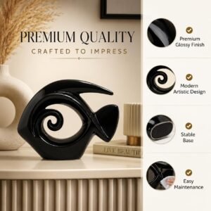 PUBCOM Ceramic Abstract Fish Showpiece, Modern Art Spiral Fish Sculpture, Glossy Black Decorative Figurine for Home Decor, Living Room Shelf, Office Table, Café & Contemporary Interior Accent - Image 3