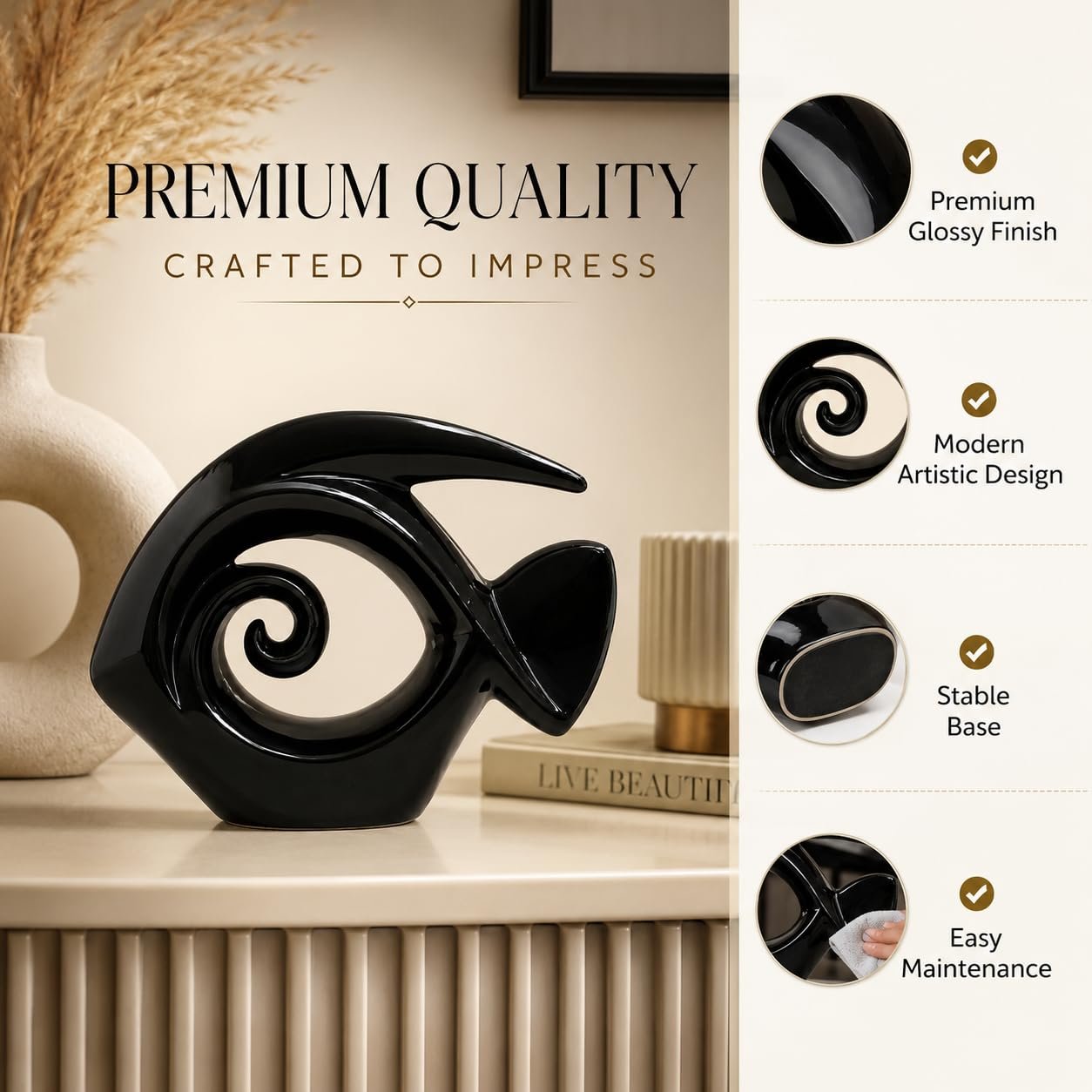 PUBCOM Ceramic Abstract Fish Showpiece, Modern Art Spiral Fish Sculpture, Glossy Black Decorative Figurine for Home Decor, Living Room Shelf, Office Table, Café & Contemporary Interior Accent - Image 3