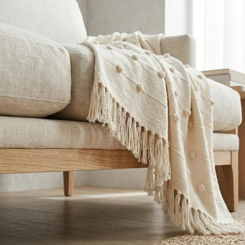 SAJAVAT HOME Hand Knitted Cotton Sofa Throw Blanket for Sofa & Bed | Soft All-Season Throw for Couch, Chair & Travel | Decorative Knitted Design | 80×52 Inches (204×132 cm) | Beige with Tassels