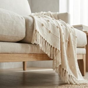 SAJAVAT HOME Hand Knitted Cotton Sofa Throw Blanket for Sofa & Bed | Soft All-Season Throw for Couch, Chair & Travel | Decorative Knitted Design | 80×52 Inches (204×132 cm) | Beige with Tassels - Image 3