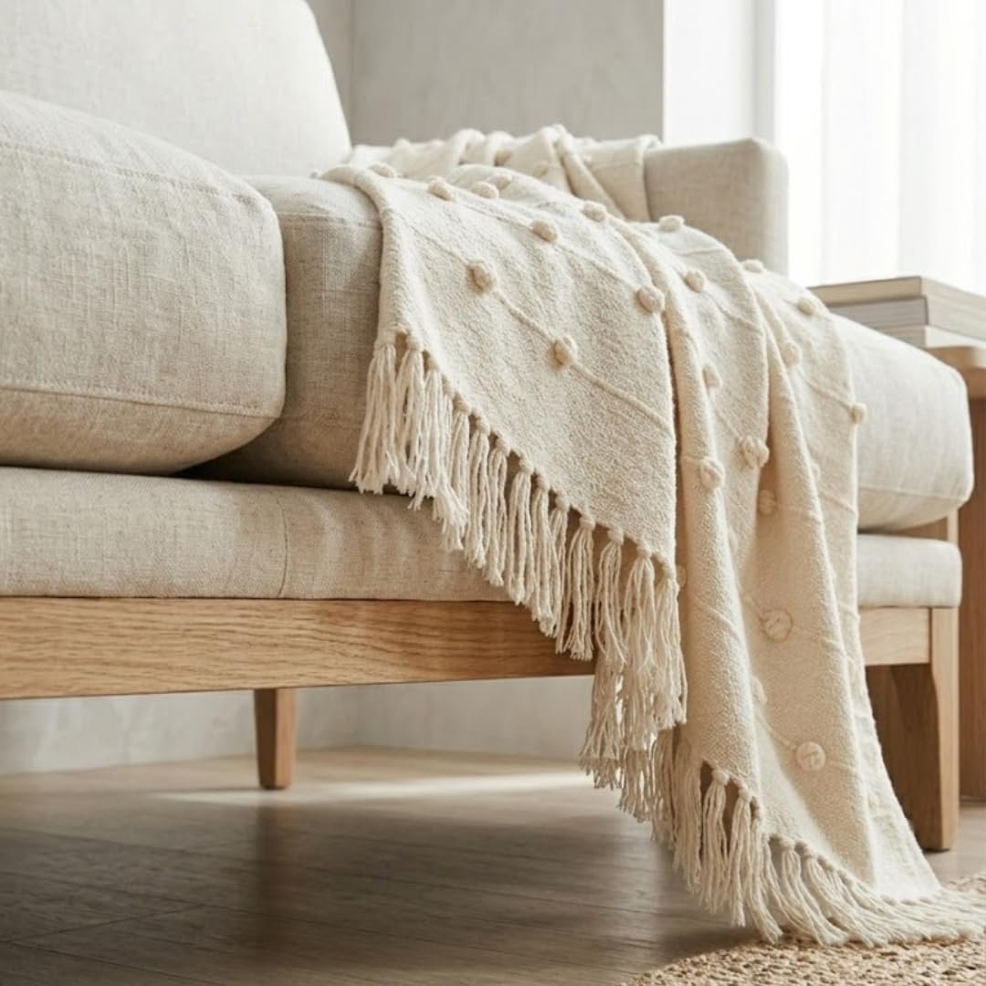 SAJAVAT HOME Hand Knitted Cotton Sofa Throw Blanket for Sofa & Bed | Soft All-Season Throw for Couch, Chair & Travel | Decorative Knitted Design | 80×52 Inches (204×132 cm) | Beige with Tassels - Image 3