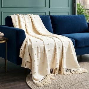 SAJAVAT HOME Hand Knitted Cotton Sofa Throw Blanket for Sofa & Bed | Soft All-Season Throw for Couch, Chair & Travel | Decorative Knitted Design | 80×52 Inches (204×132 cm) | Beige with Tassels