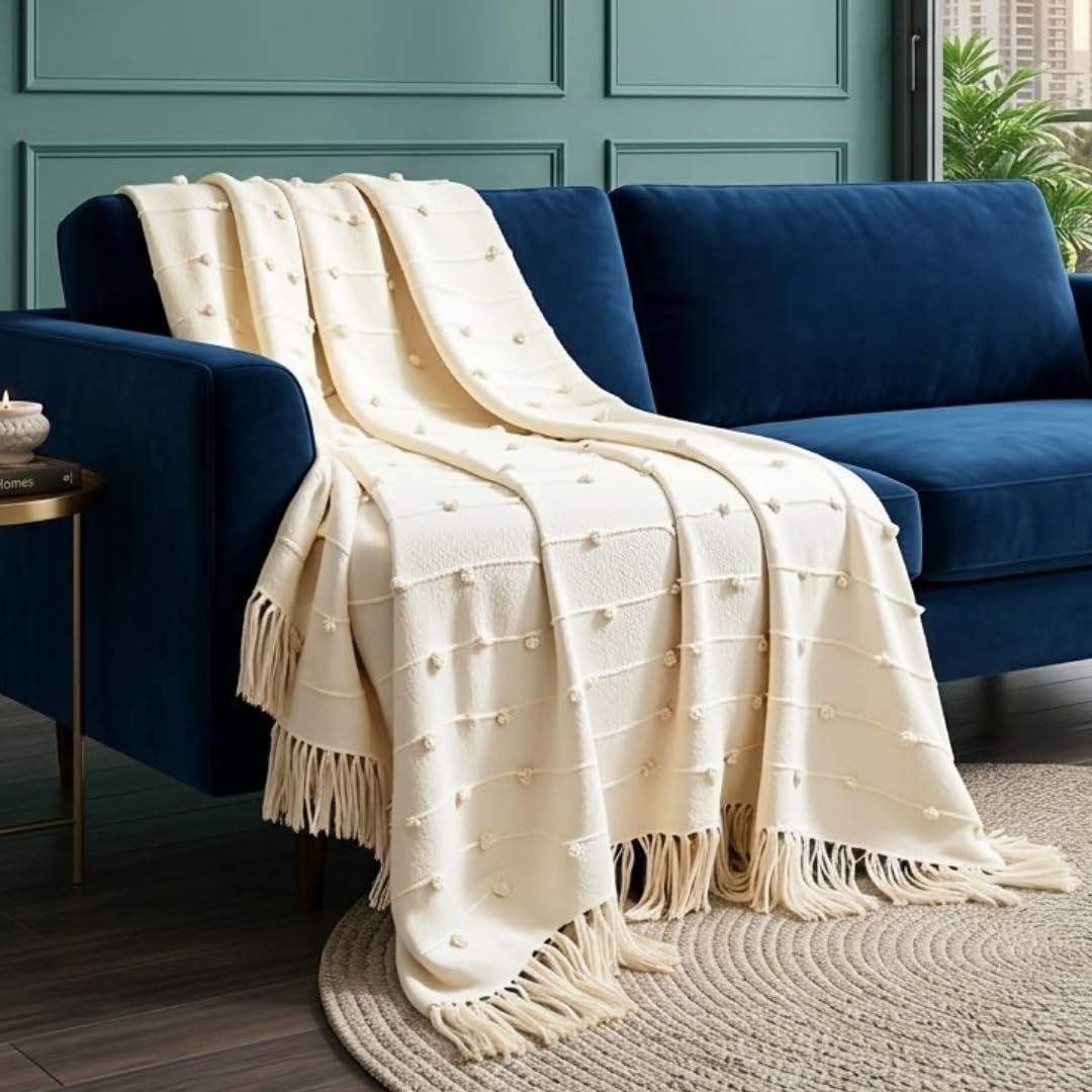SAJAVAT HOME Hand Knitted Cotton Sofa Throw Blanket for Sofa & Bed | Soft All-Season Throw for Couch, Chair & Travel | Decorative Knitted Design | 80×52 Inches (204×132 cm) | Beige with Tassels - Image 1