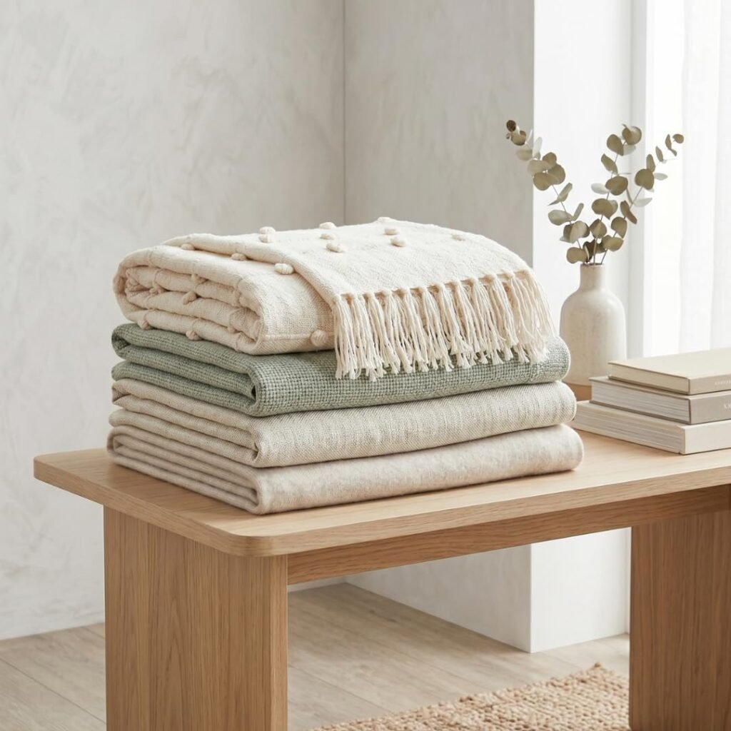 SAJAVAT HOME Hand Knitted Cotton Sofa Throw Blanket for Sofa & Bed | Soft All-Season Throw for Couch, Chair & Travel | Decorative Knitted Design | 80×52 Inches (204×132 cm) | Beige with Tassels