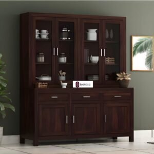 Solid Sheesham Wood Crockery Unit with Acrylic Glass Doors Cabinet Wooden Storage Sideboard Buffet Organizer for Kitchen Living Room Premium Dark Brown Finish Furniture - Image 1