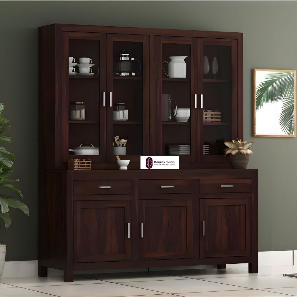 Solid Sheesham Wood Crockery Unit with Acrylic Glass Doors Cabinet Wooden Storage Sideboard Buffet Organizer for Kitchen Living Room Premium Dark Brown Finish Furniture