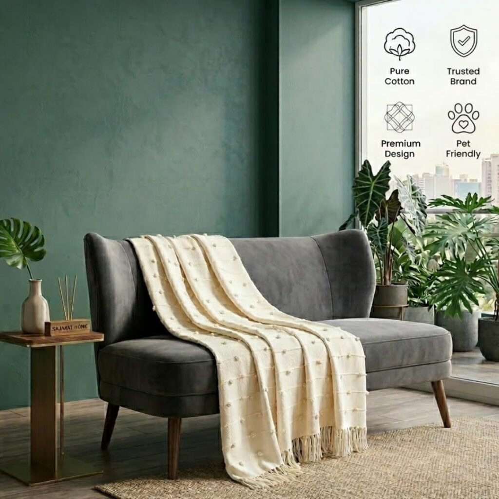 SAJAVAT HOME Hand Knitted Cotton Sofa Throw Blanket for Sofa & Bed | Soft All-Season Throw for Couch, Chair & Travel | Decorative Knitted Design | 80×52 Inches (204×132 cm) | Beige with Tassels