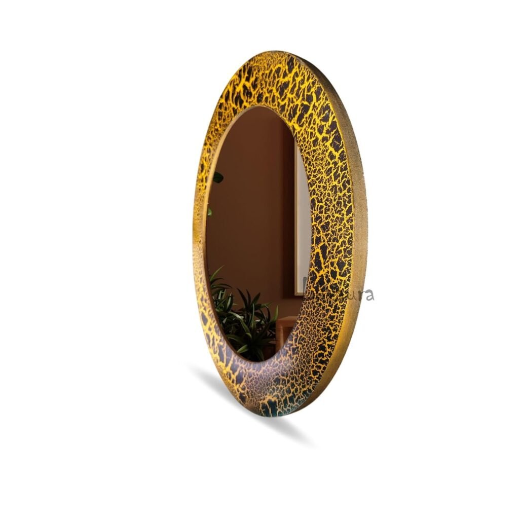 Handcrafted Round Wooden Wall Mirror with Crackle Texture Finish, Decorative Accent Mirror for Living Room, Bedroom, Entryway, Hallway, Bathroom, Home Decor (Black & Yellow, 30" Inches, Round)