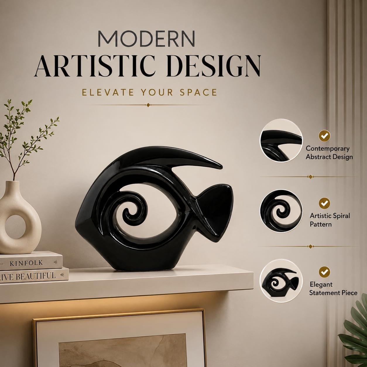 PUBCOM Ceramic Abstract Fish Showpiece, Modern Art Spiral Fish Sculpture, Glossy Black Decorative Figurine for Home Decor, Living Room Shelf, Office Table, Café & Contemporary Interior Accent - Image 4