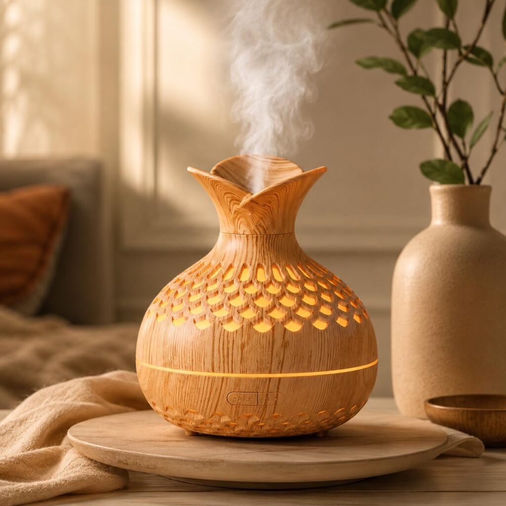 Aroma Diffuser with Wooden Finish, Ultrasonic Essential Oil Diffuser & Humidifier, LED Night Light, Quiet Air Freshener for Home Bedroom Office Spa (Multicolor)