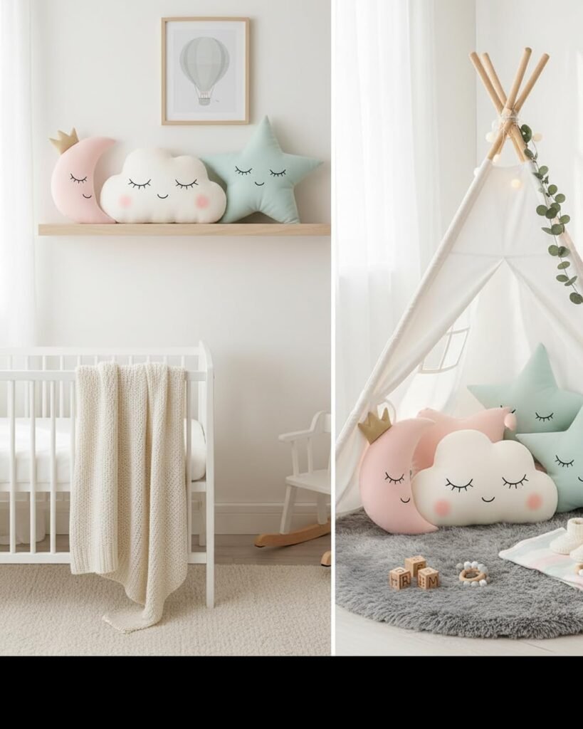CHIRKUT Decorative Moon Cloud Star Throw Pillows, Nursery Room Cushions, Pink Mint White, 3-Piece Set,Polyester,Cotton (Pack of 3) 30CM