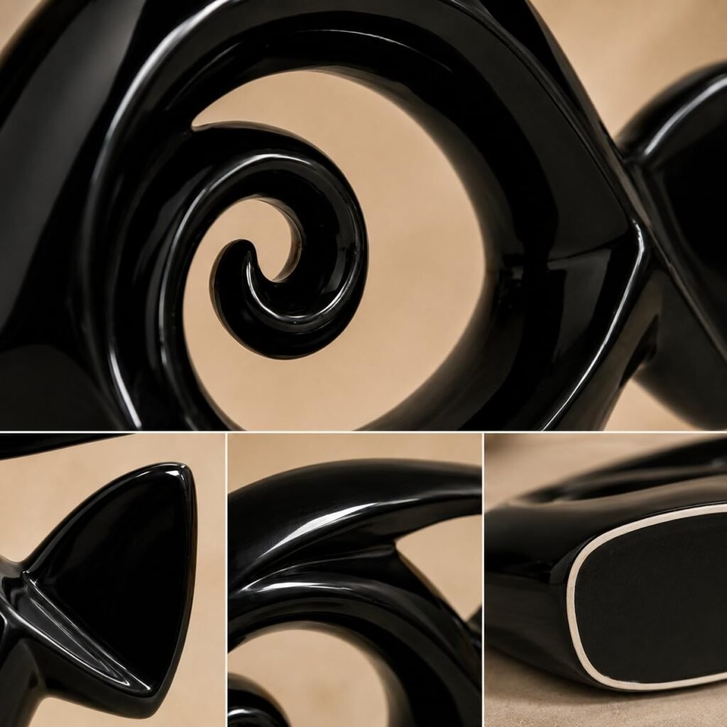 PUBCOM Ceramic Abstract Fish Showpiece, Modern Art Spiral Fish Sculpture, Glossy Black Decorative Figurine for Home Decor, Living Room Shelf, Office Table, Café & Contemporary Interior Accent