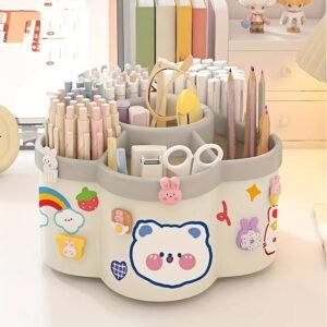 360 Degree Rotating Pen Holder Desk School Study Stationery Gift for Students Organiser with Pen and Pencil Holders Pen and Pencil Stationary Storage Plastic Storage Box (WHITE)