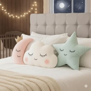 CHIRKUT Decorative Moon Cloud Star Throw Pillows, Nursery Room Cushions, Pink Mint White, 3-Piece Set,Polyester,Cotton (Pack of 3) 30CM - Image 2