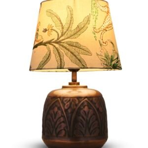 Green Girgit Vintage Copper Leaf Etched Pot Table Lamp with Printed Green Shade, Wooden Base, Bedside Night Lamp, Modern Living Room Light, Ambient Lighting, E27 Bulb Compatible, Corded Electric - Image 4