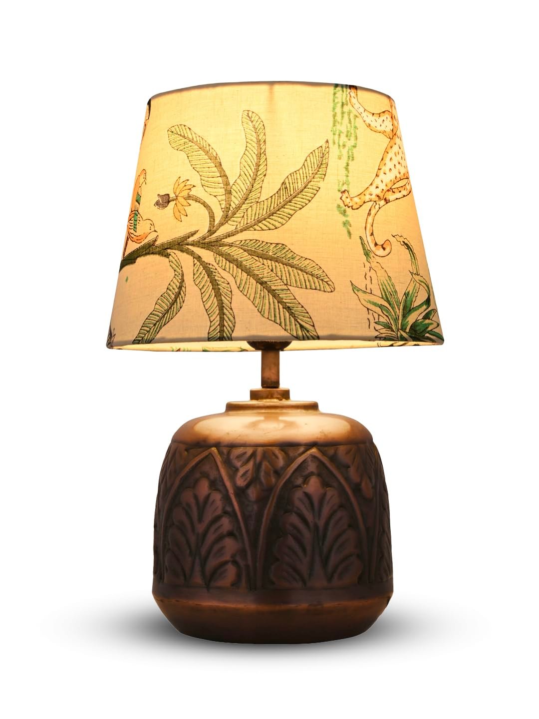 Green Girgit Vintage Copper Leaf Etched Pot Table Lamp with Printed Green Shade, Wooden Base, Bedside Night Lamp, Modern Living Room Light, Ambient Lighting, E27 Bulb Compatible, Corded Electric - Image 4