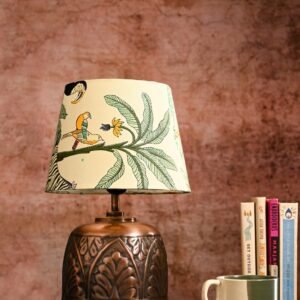 Green Girgit Vintage Copper Leaf Etched Pot Table Lamp with Printed Green Shade, Wooden Base, Bedside Night Lamp, Modern Living Room Light, Ambient Lighting, E27 Bulb Compatible, Corded Electric - Image 2