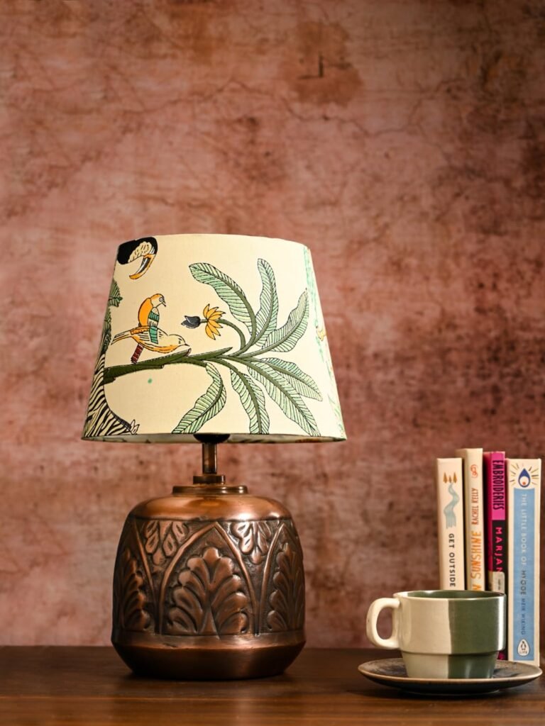 Green Girgit Vintage Copper Leaf Etched Pot Table Lamp with Printed Green Shade, Wooden Base, Bedside Night Lamp, Modern Living Room Light, Ambient Lighting, E27 Bulb Compatible, Corded Electric