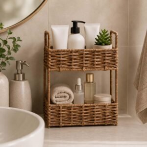 Go Hooked Handwoven 2 Tier Raffia Storage Basket Organizer 10 Inch Natural Wicker Countertop Shelf Basket for Bathroom Bedroom Living Room Office Vanity Décor (L26xW18.5xH37 cm) - Image 1