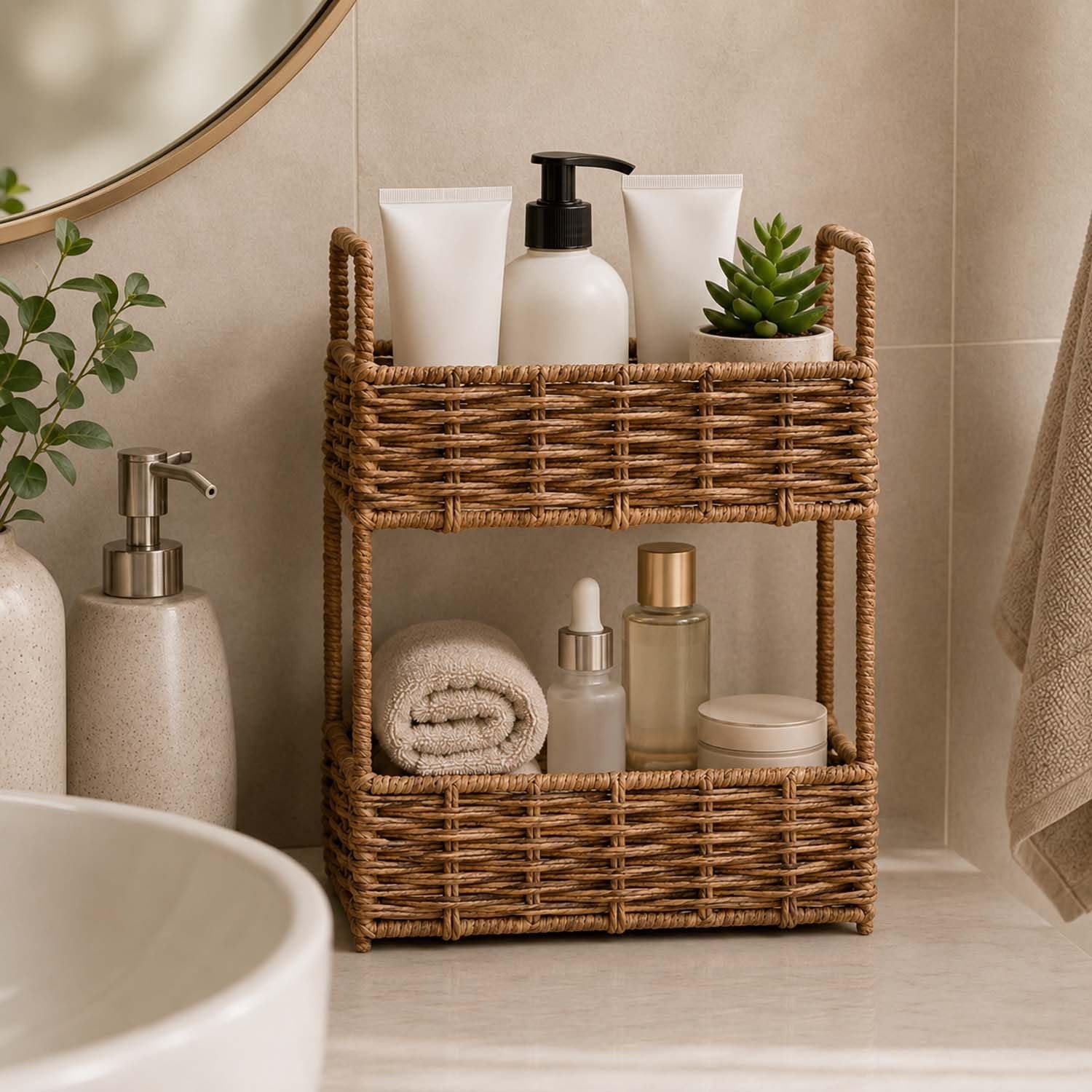 Go Hooked Handwoven 2 Tier Raffia Storage Basket Organizer 10 Inch Natural Wicker Countertop Shelf Basket for Bathroom Bedroom Living Room Office Vanity Décor (L26xW18.5xH37 cm) - Image 1
