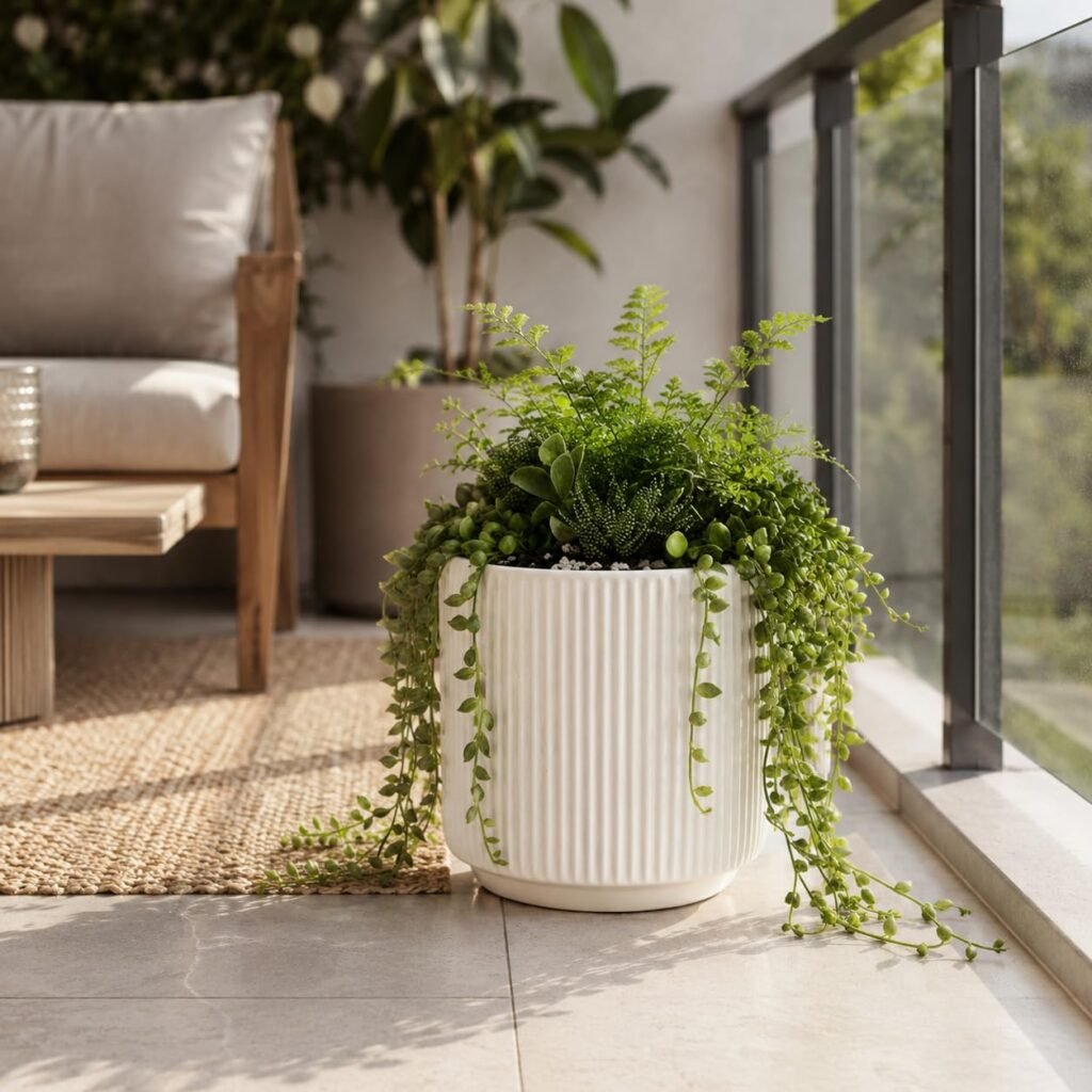 elaris Elegant Ribbed Ceramic Planter for Indoor Plants | Contemporary Textured Flower Pot for Living Room, Bedroom, Office Desk, Shelf & Tabletop Décor (White) 3.74 inch
