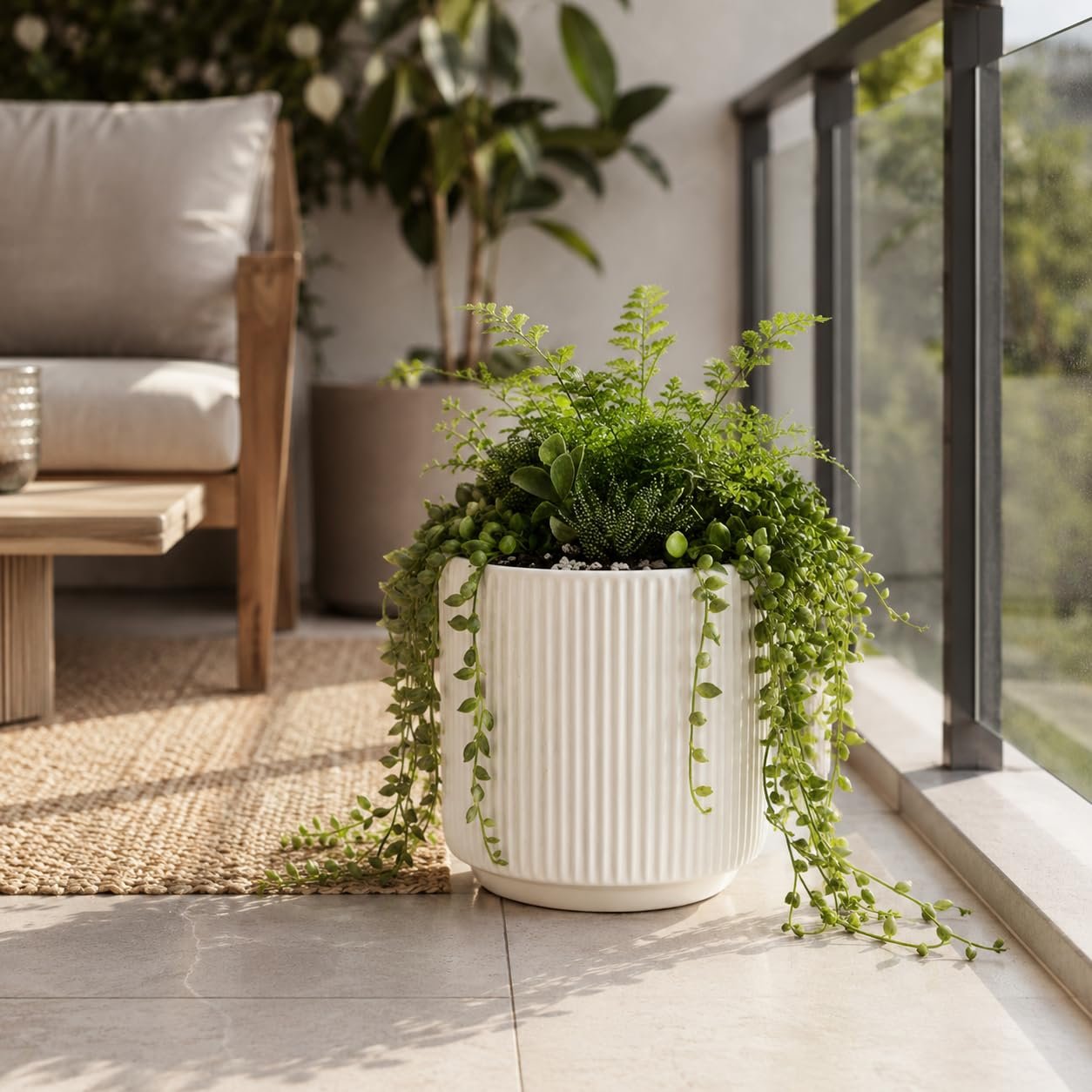elaris Elegant Ribbed Ceramic Planter for Indoor Plants | Contemporary Textured Flower Pot for Living Room, Bedroom, Office Desk, Shelf & Tabletop Décor (White) 3.74 inch - Image 6