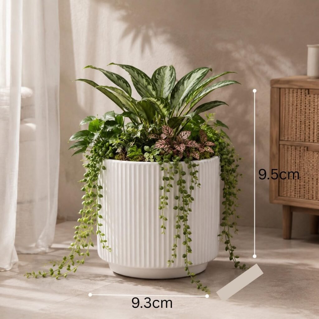elaris Elegant Ribbed Ceramic Planter for Indoor Plants | Contemporary Textured Flower Pot for Living Room, Bedroom, Office Desk, Shelf & Tabletop Décor (White) 3.74 inch
