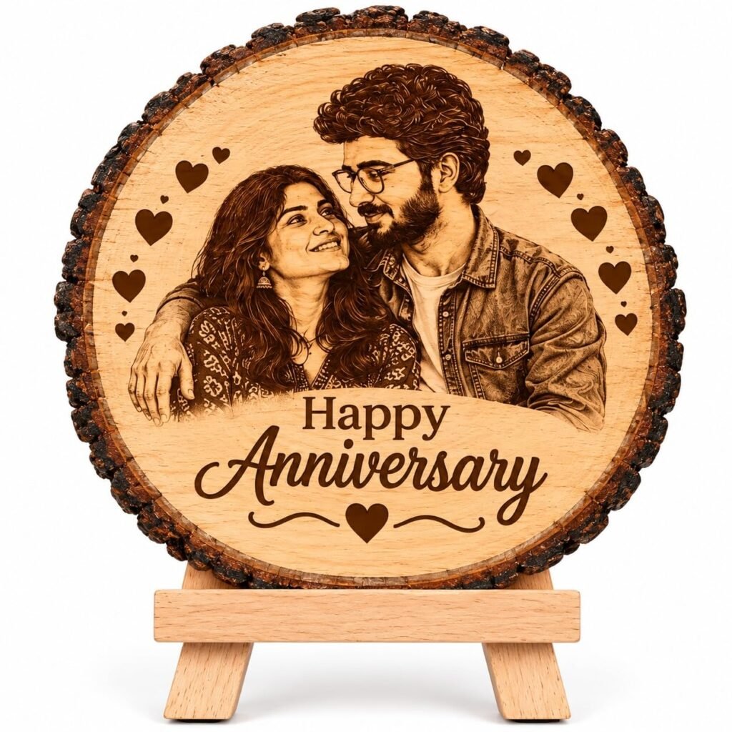 Personalized Engraved Wooden Photo Frame for Couple, Custom Photo and Names on Natural Wood Slice with Stand, Anniversary, Wedding and Birthday Gift for Wife or Husband, 5.5 Inch (14 cm)