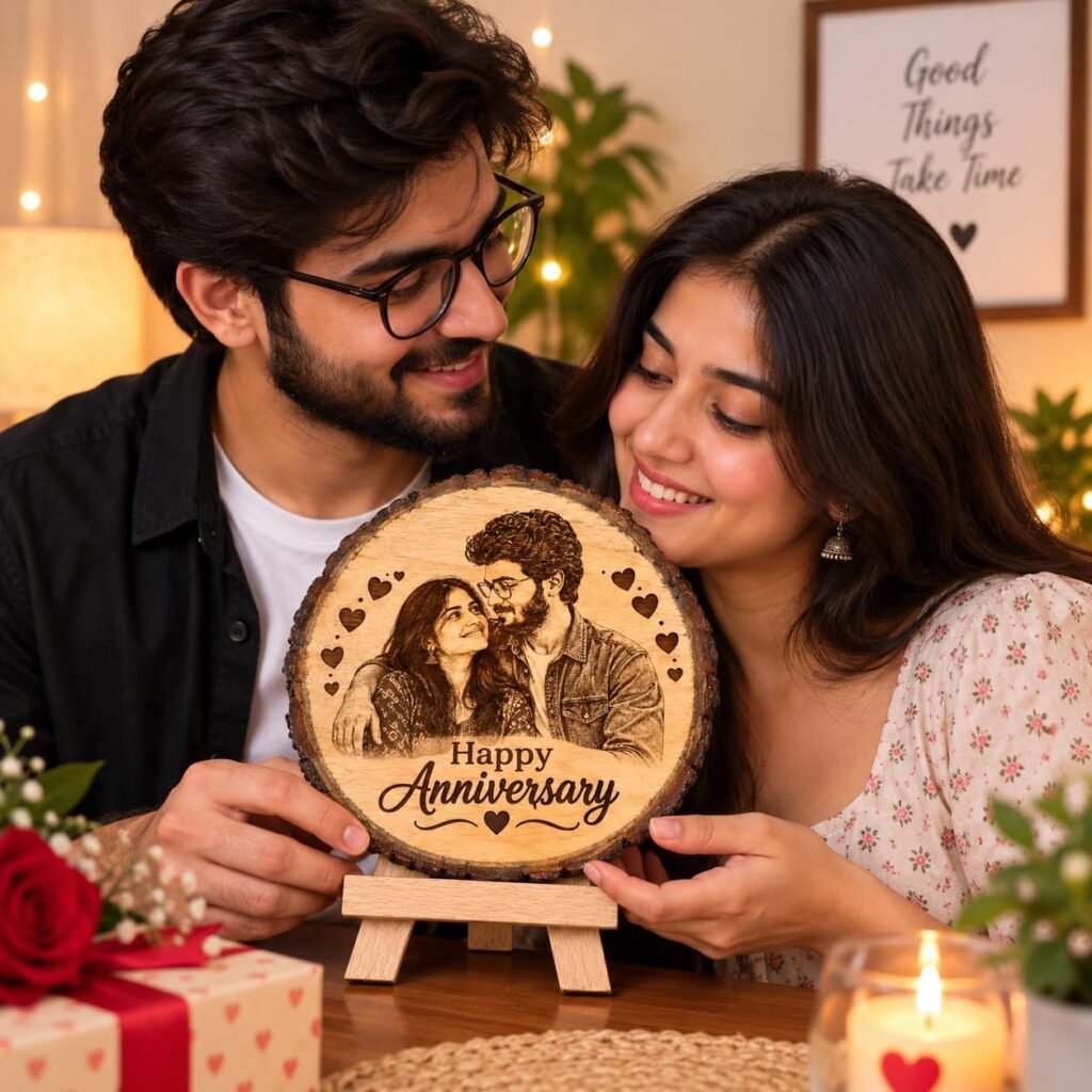 Personalized Engraved Wooden Photo Frame for Couple, Custom Photo and Names on Natural Wood Slice with Stand, Anniversary, Wedding and Birthday Gift for Wife or Husband, 5.5 Inch (14 cm)